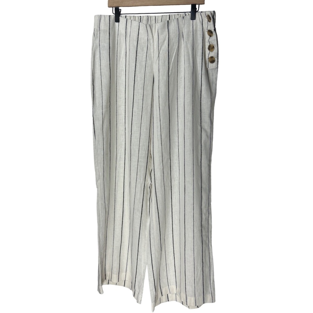 Gap High Rise Linen Blend Trousers Side Button Wide Leg Ivory Stripe Size 18 EUC